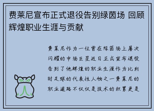 费莱尼宣布正式退役告别绿茵场 回顾辉煌职业生涯与贡献 费莱尼宣布正式退役告别绿茵场 回顾辉煌职业生涯与贡献